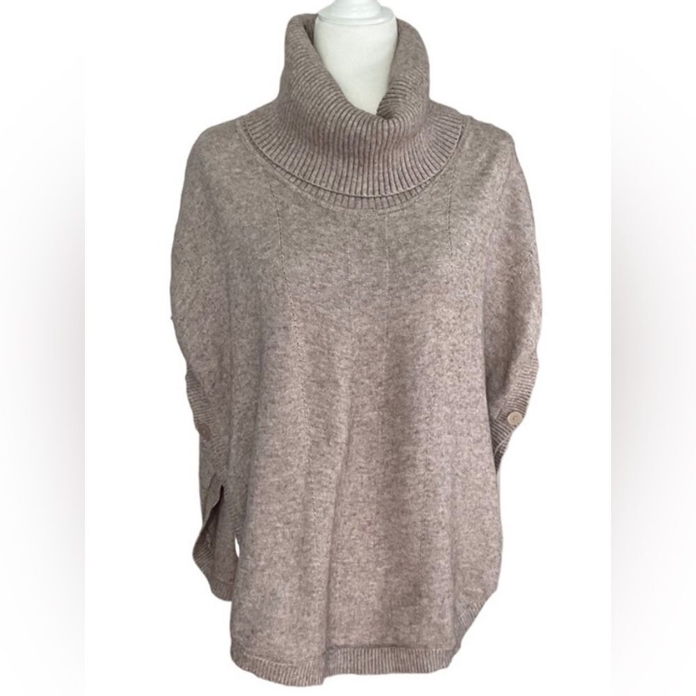 Sisters Tan Ribbed Turtleneck Button Side Round Hem Poncho Size L